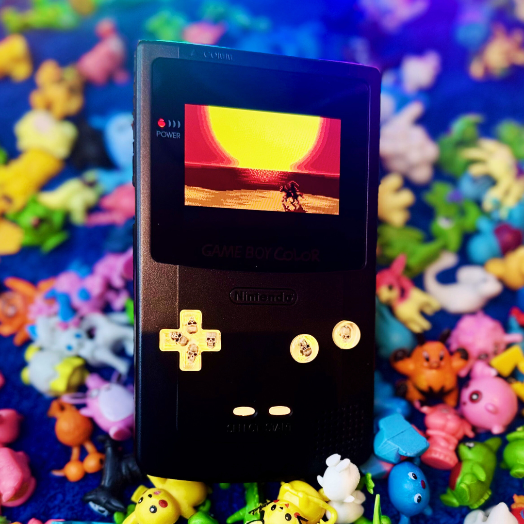 modded game boy color rainbow led buttons with skulls amoles screen with zelda game